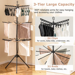 3-Tier Tripod Freestanding Folding Clothes Drying Rack with 24 Clips-Black view 7