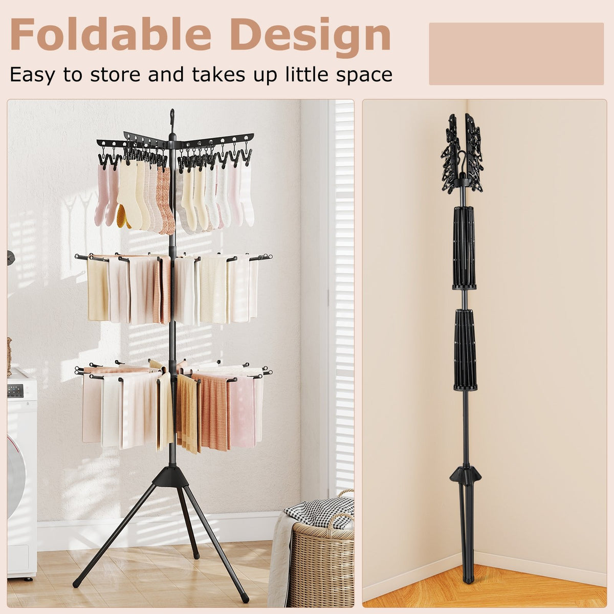 3-Tier Tripod Freestanding Folding Clothes Drying Rack with 24 Clips-Black view 9