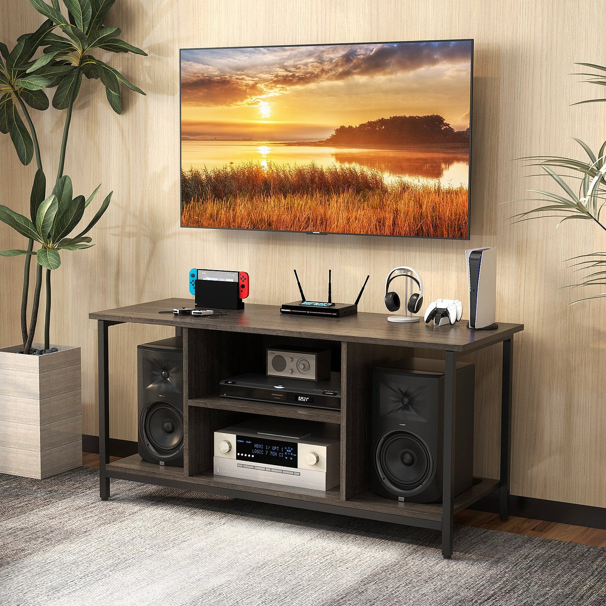 3-Tier TV Stand with Power Outlet USB and Adjustable Shelf-Gray view 2