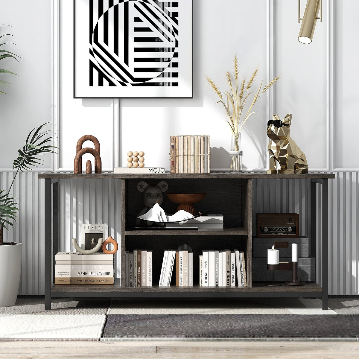 3-Tier TV Stand with Power Outlet USB and Adjustable Shelf-Gray view 3