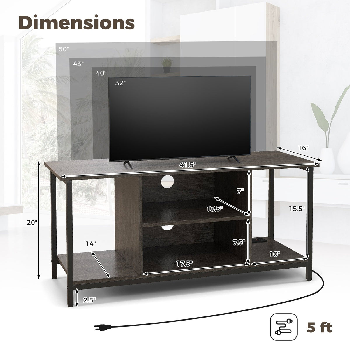 3-Tier TV Stand with Power Outlet USB and Adjustable Shelf-Gray view 5