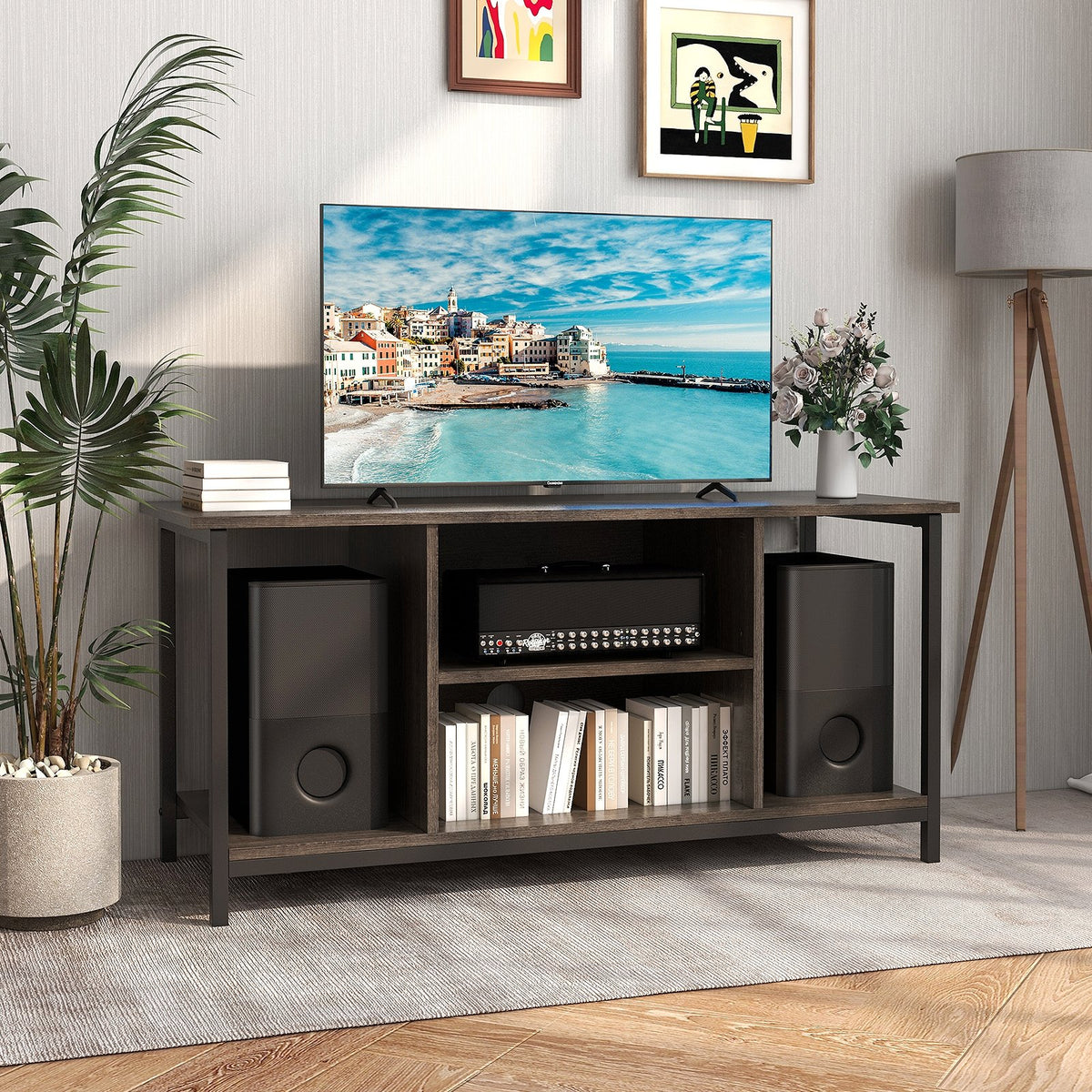 3-Tier TV Stand with Power Outlet USB and Adjustable Shelf-Gray view 6
