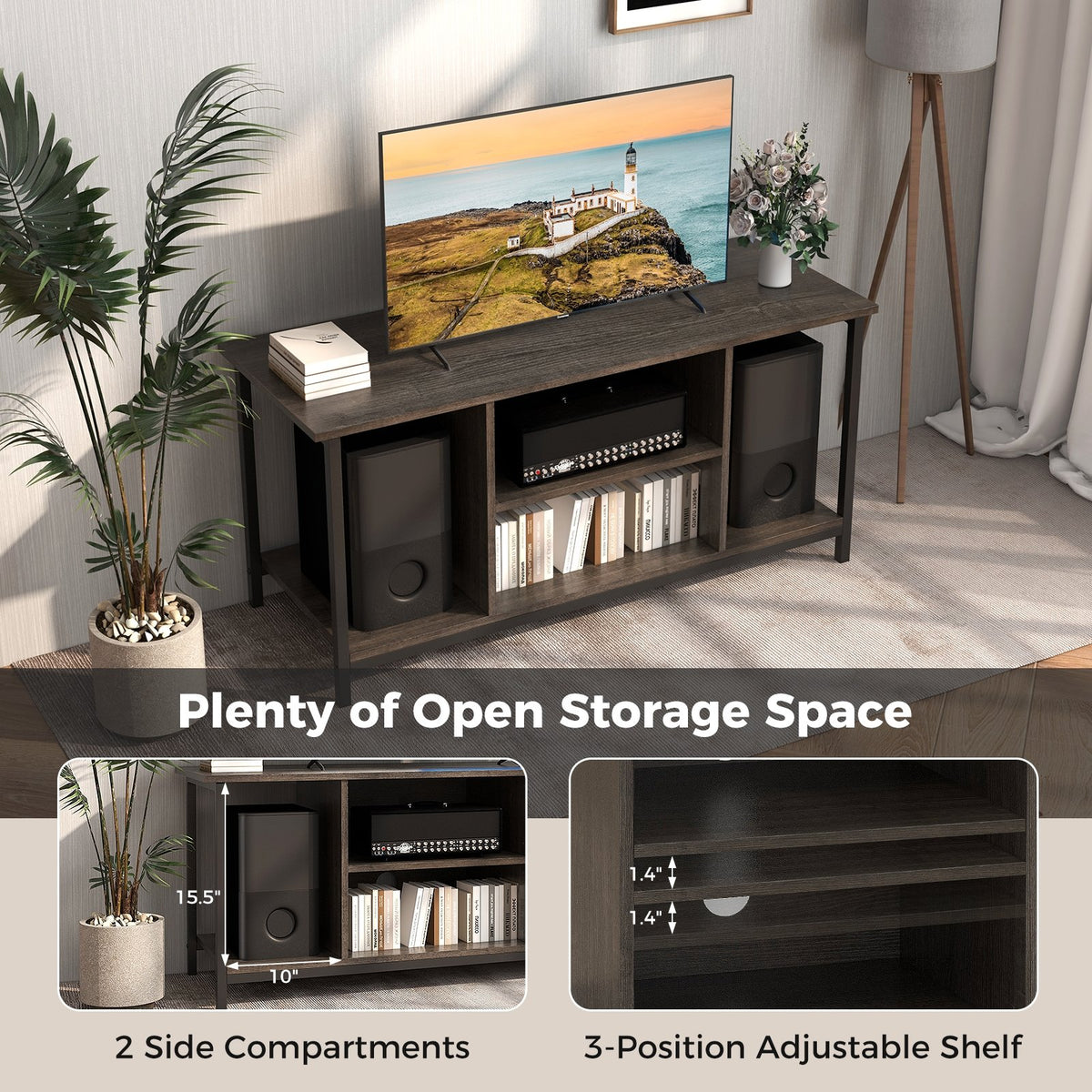 3-Tier TV Stand with Power Outlet USB and Adjustable Shelf-Gray view 8