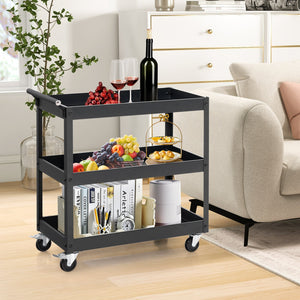 3-Tier Utility Cart Rolling Metal Cart with Handle and Universal Wheels-Black view 2