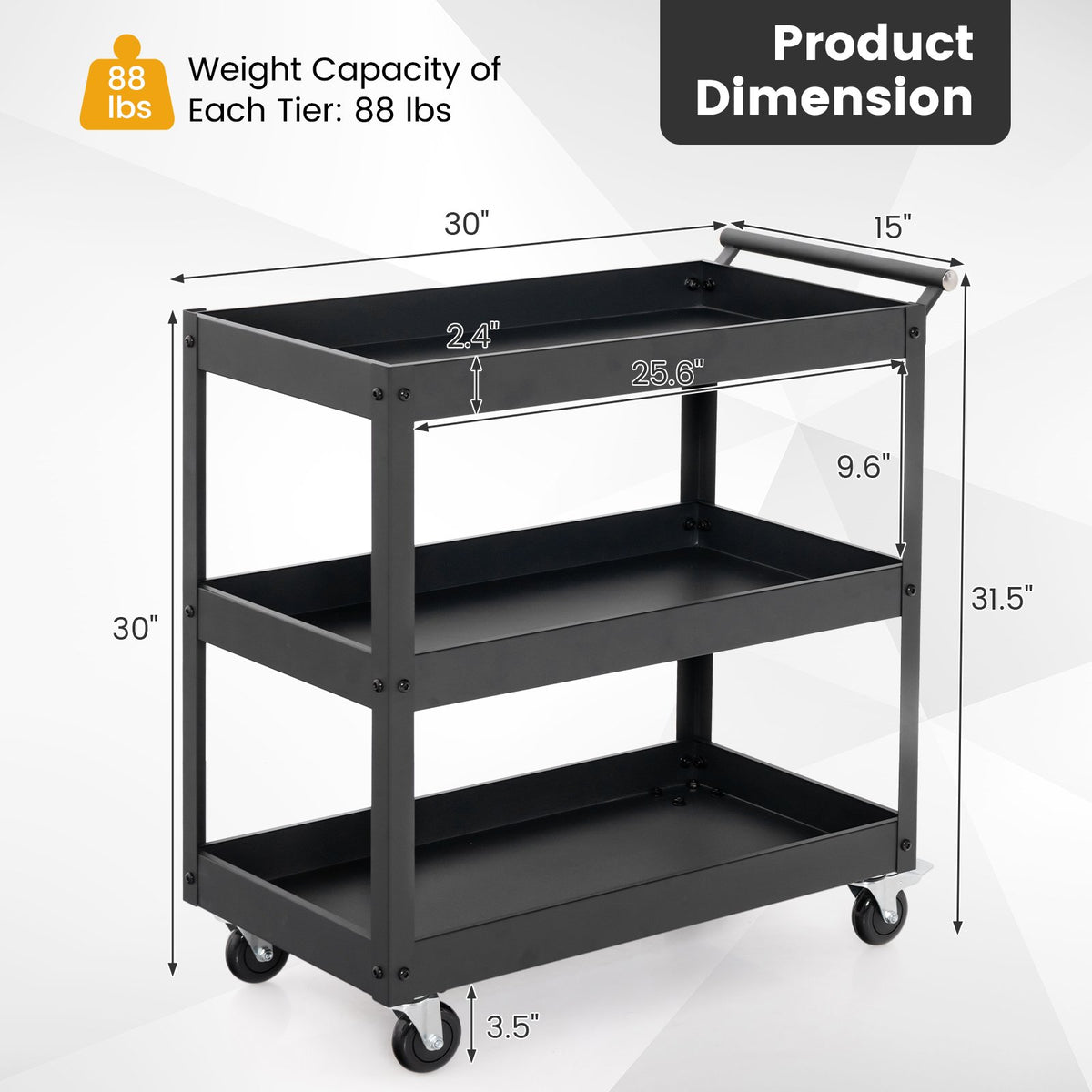 3-Tier Utility Cart Rolling Metal Cart with Handle and Universal Wheels-Black view 5