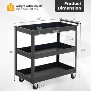 3-Tier Utility Cart Rolling Metal Cart with Handle and Universal Wheels-Black view 5