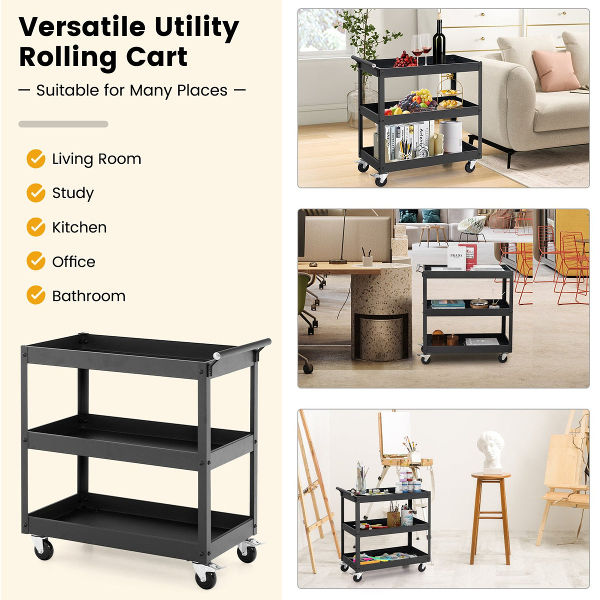3-Tier Utility Cart Rolling Metal Cart with Handle and Universal Wheels-Black view 6