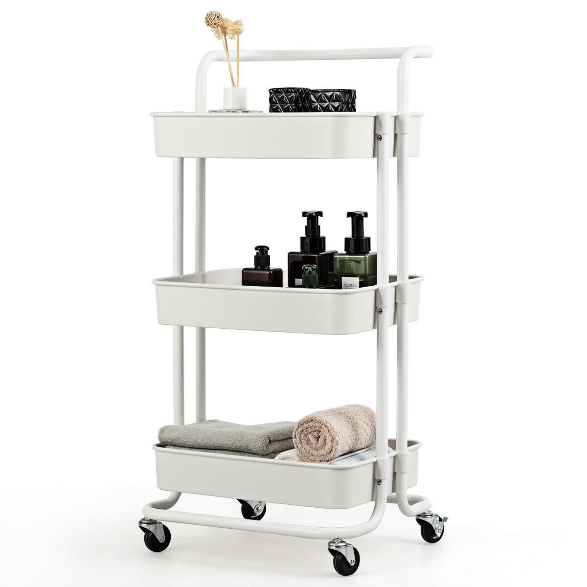 3-Tier Utility Cart Storage Rolling Cart with Casters-White view 4