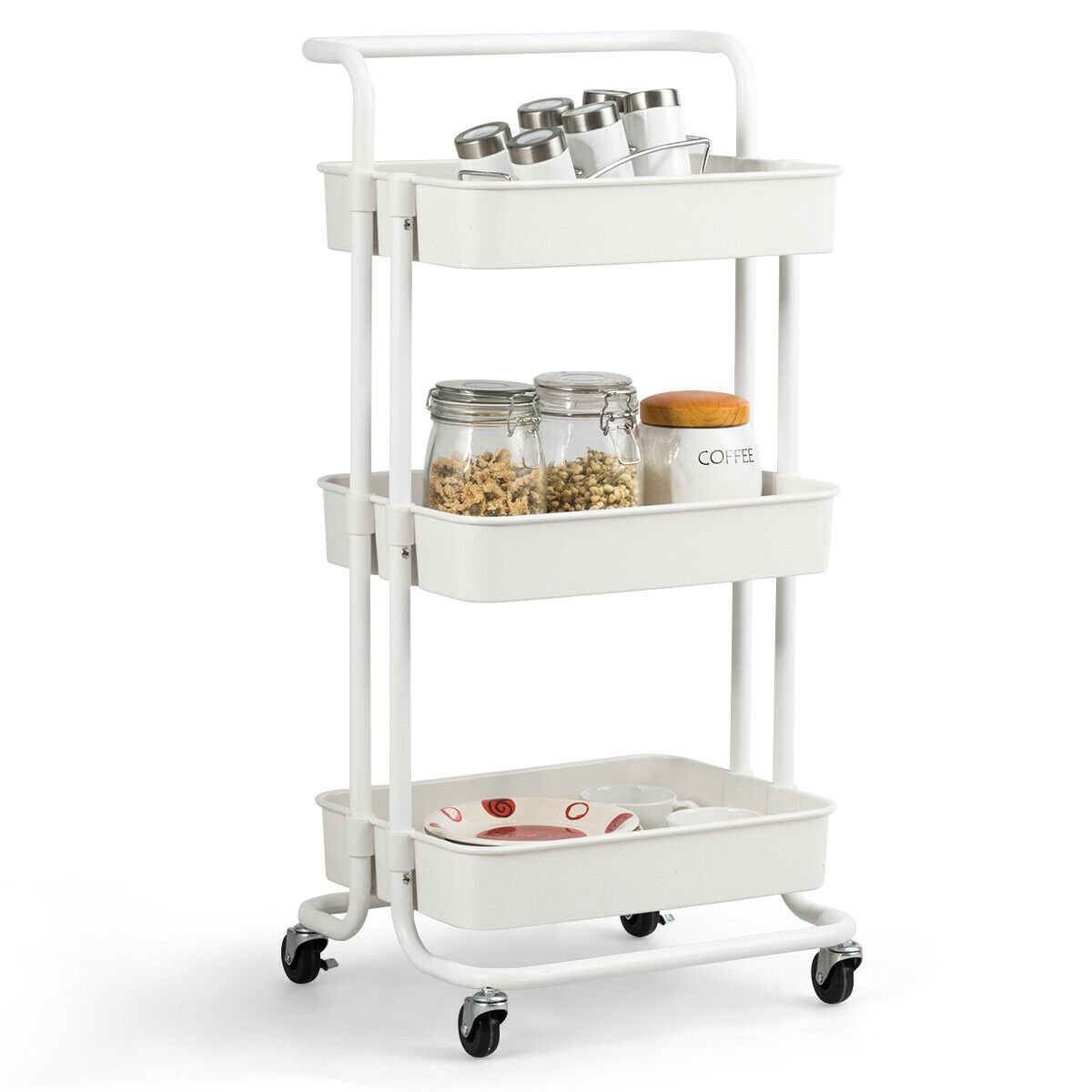 3-Tier Utility Cart Storage Rolling Cart with Casters-White view 6