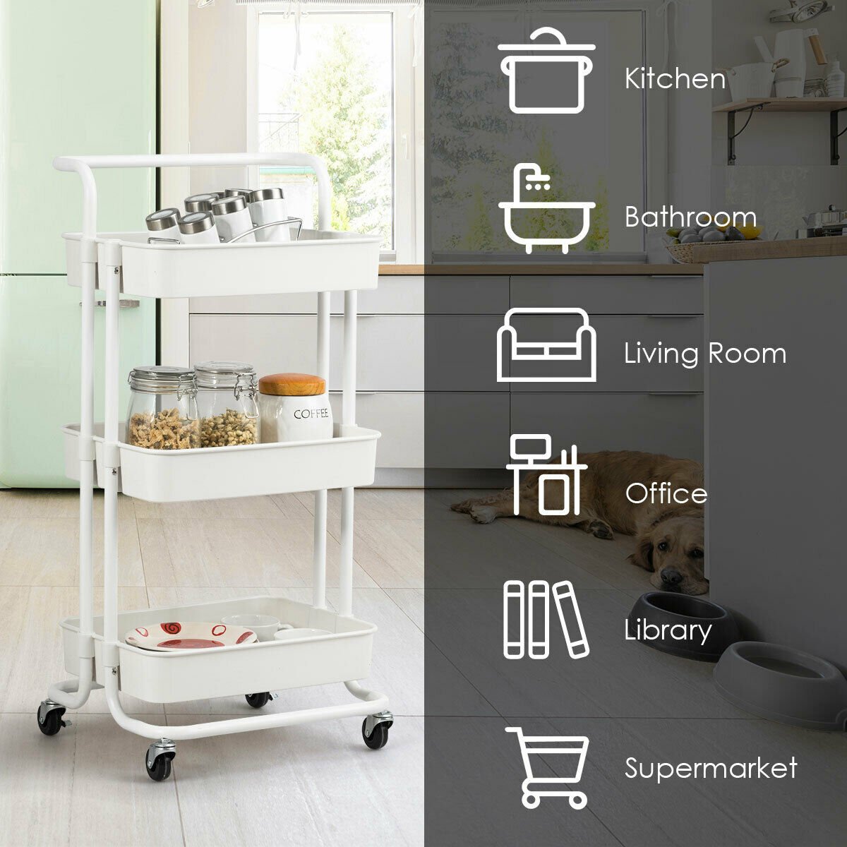3-Tier Utility Cart Storage Rolling Cart with Casters-White view 7