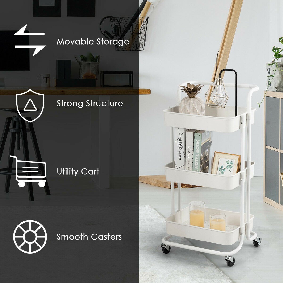3-Tier Utility Cart Storage Rolling Cart with Casters-White view 8