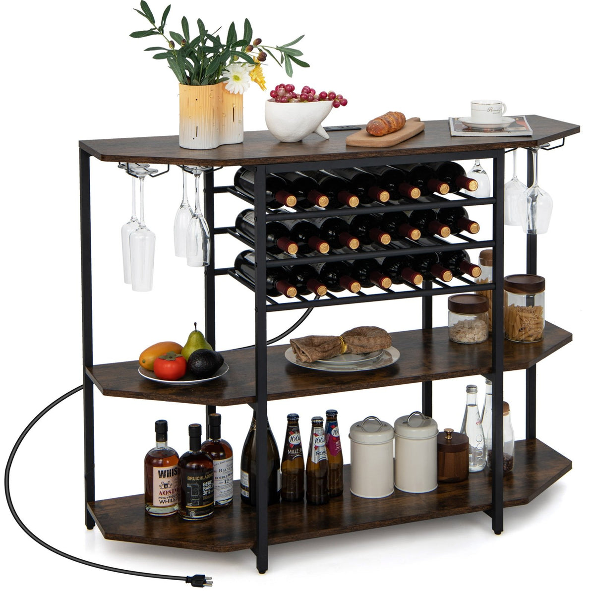 3-Tier Wine Bar Cabinet with Storage Shelves-Brown view 4