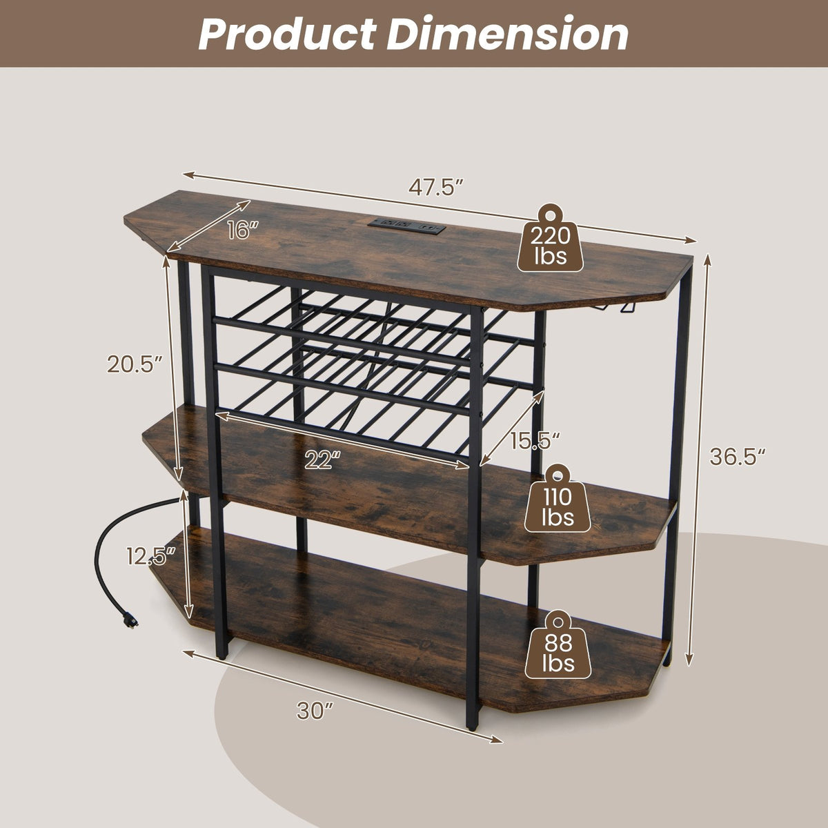 3-Tier Wine Bar Cabinet with Storage Shelves-Brown view 5