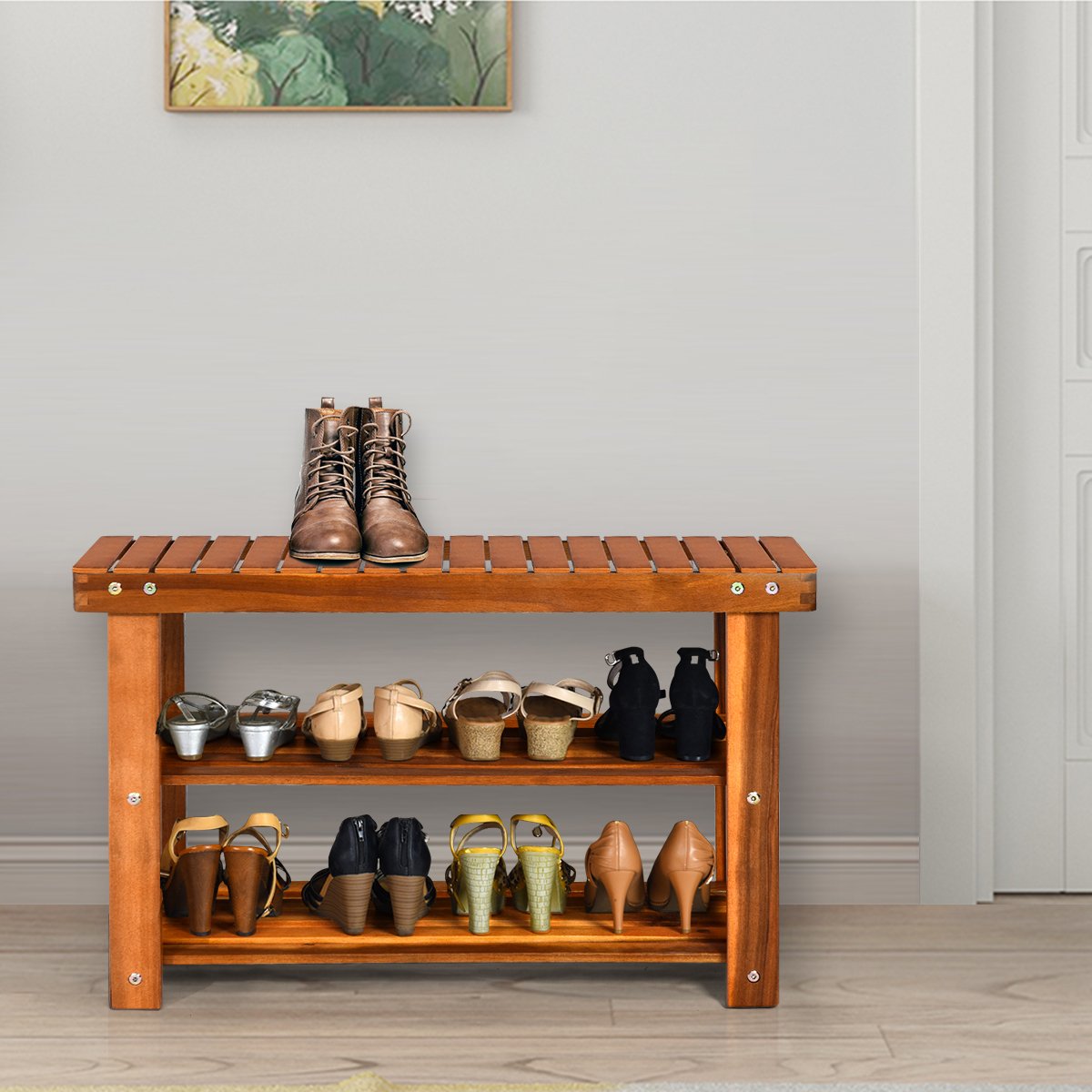 Freestanding Wood Bench with 3-Tier Storage Shelves view 2