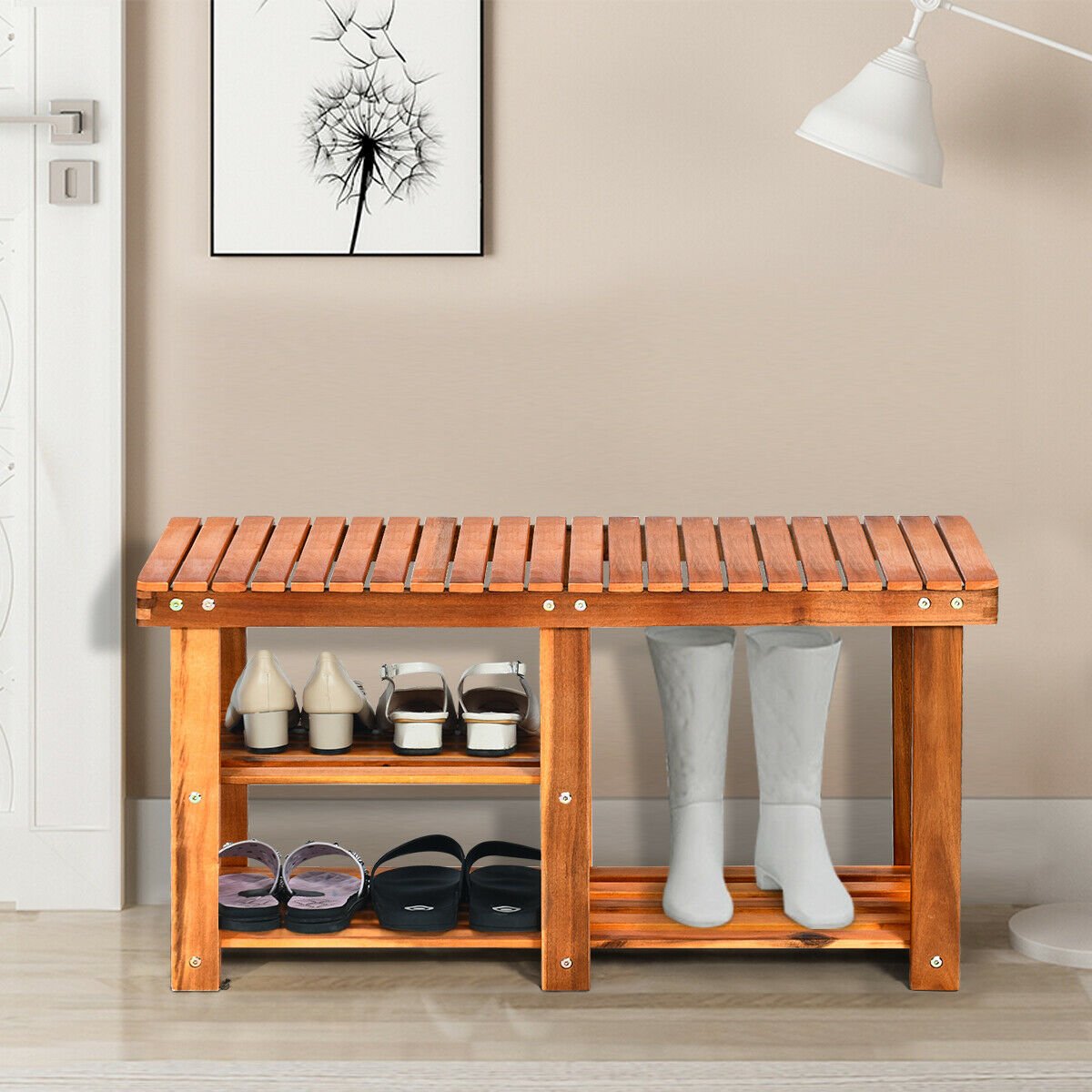3-Tier Freestanding Wooden Shoe Organizer with Seat view 2