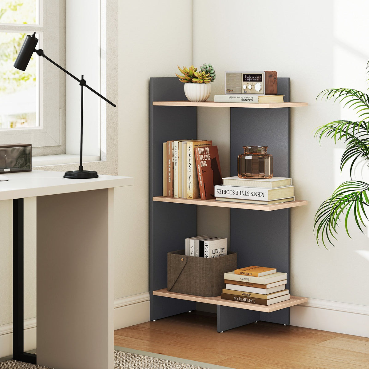 3 Tier Wooden Bookshelf with Anti-Tipping Kit-Oak view 2