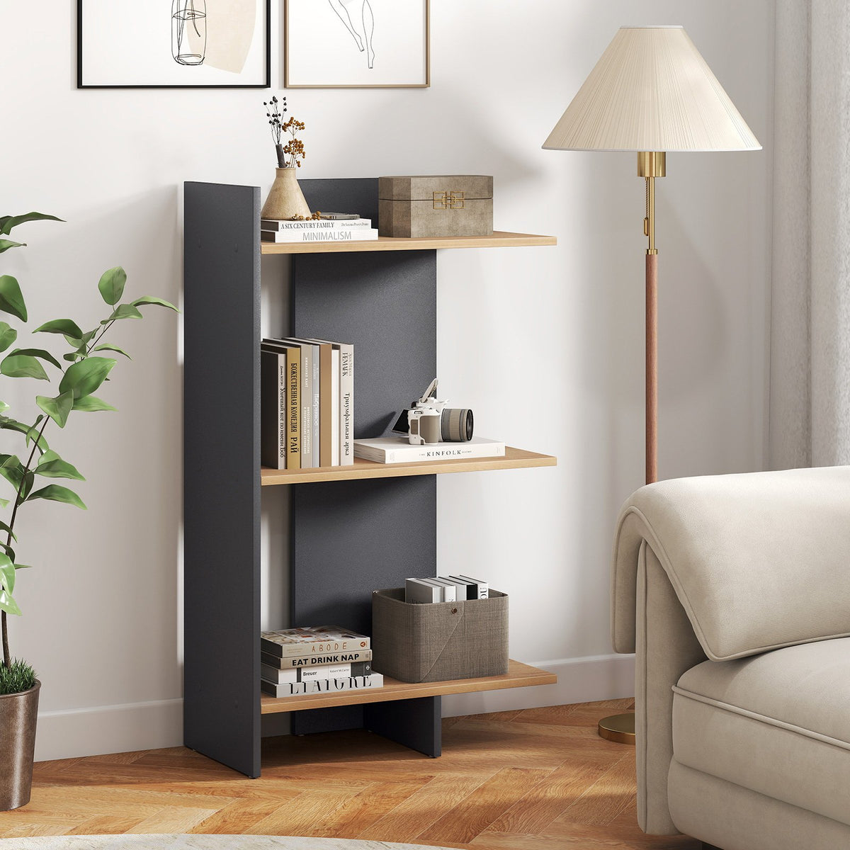 3 Tier Wooden Bookshelf with Anti-Tipping Kit-Oak view 3