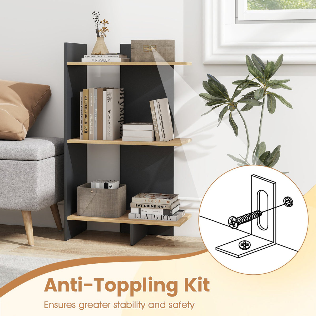 3 Tier Wooden Bookshelf with Anti-Tipping Kit-Oak view 6