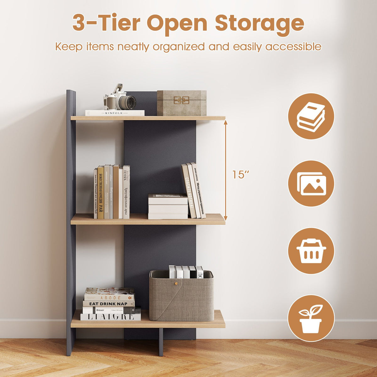 3 Tier Wooden Bookshelf with Anti-Tipping Kit-Oak view 8
