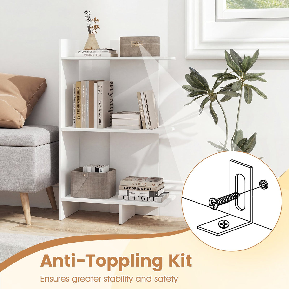 3 Tier Wooden Bookshelf with Anti-Tipping Kit-White view 9