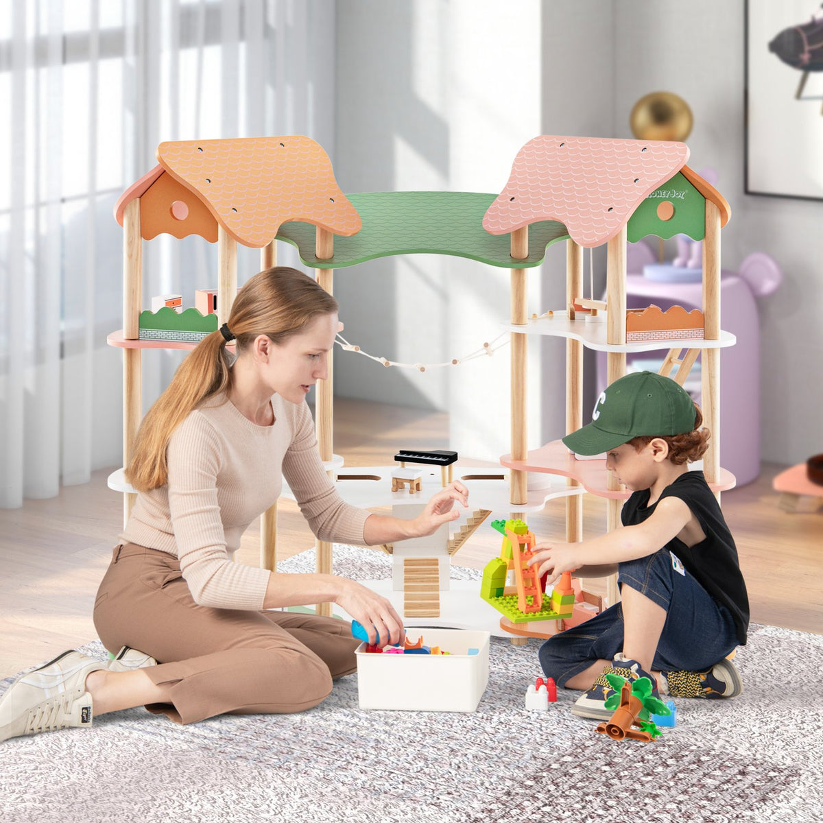 3-Tier Wooden Dollhouse for Kids Aged 3-8 Years Old with 32 Pieces of Accessories-Multicolor view 3