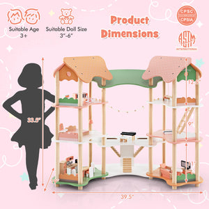 3-Tier Wooden Dollhouse for Kids Aged 3-8 Years Old with 32 Pieces of Accessories-Multicolor view 4