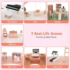 3-Tier Wooden Dollhouse for Kids Aged 3-8 Years Old with 32 Pieces of Accessories-Multicolor view 5