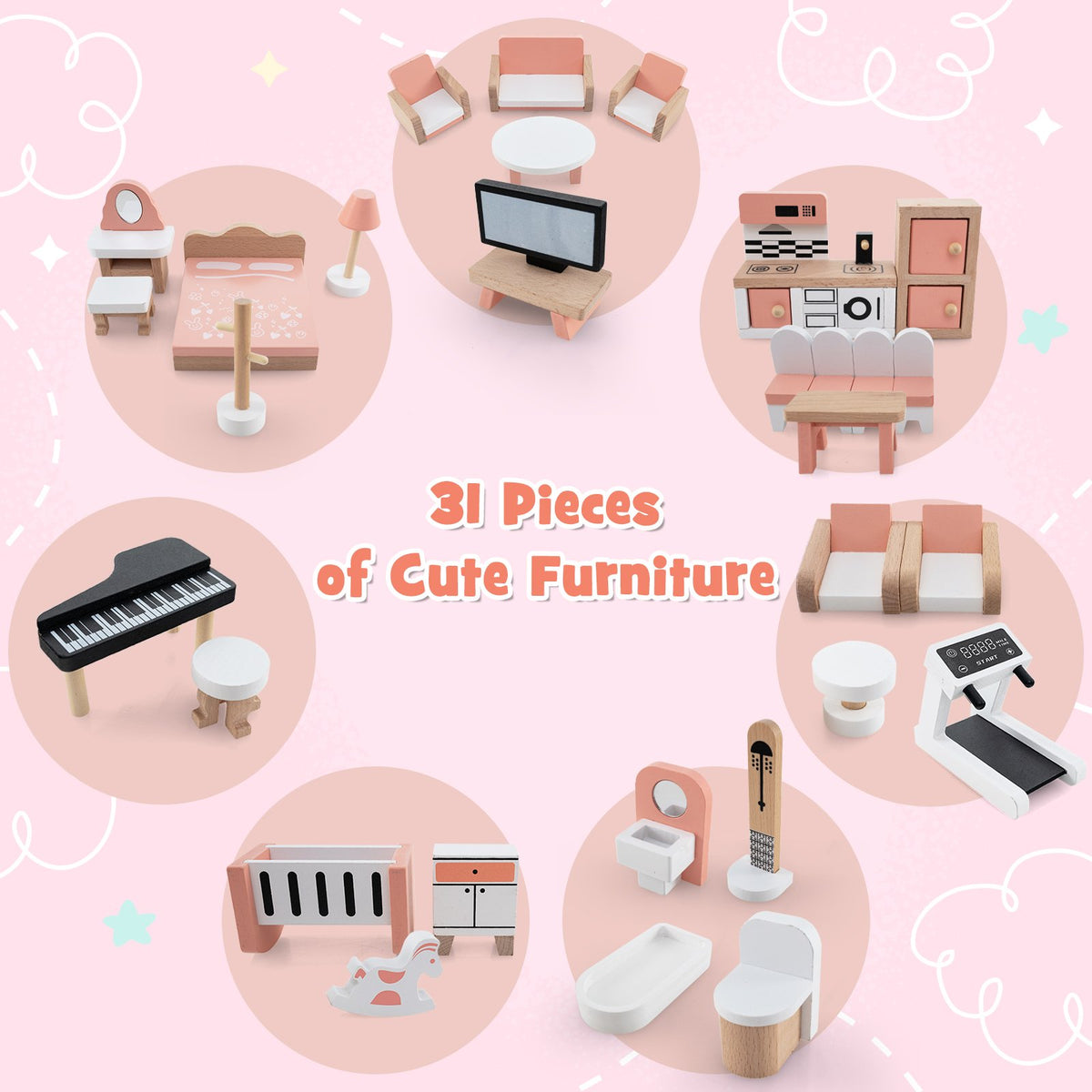 3-Tier Wooden Dollhouse for Kids Aged 3-8 Years Old with 32 Pieces of Accessories-Multicolor view 6