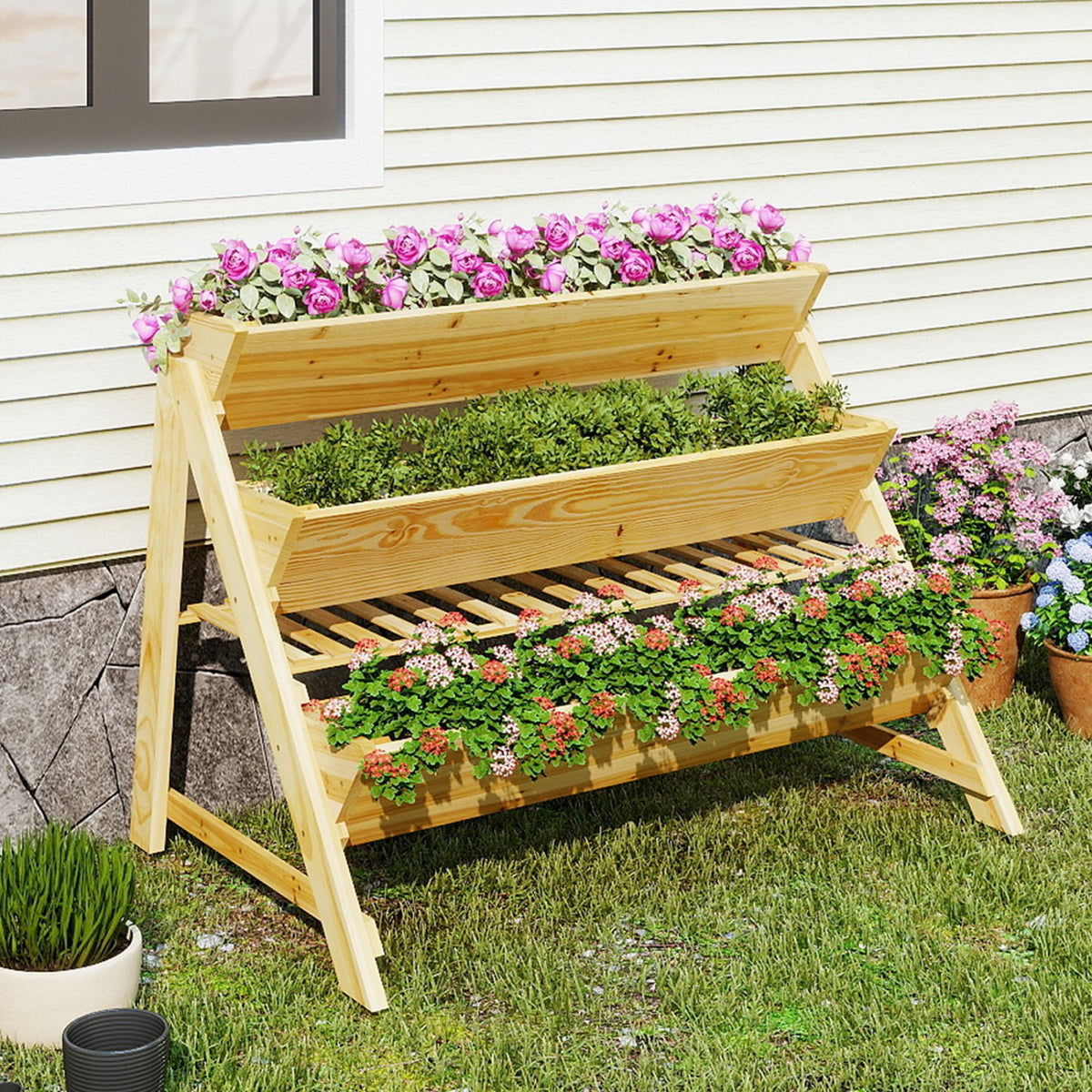 3 Tier Wooden Vertical Raised Garden Bed with Storage Shelf view 3