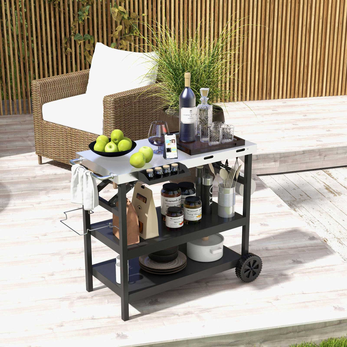 3 Tiers Foldable Outdoor Cart on 2 Wheels with Phone Holder-Black view 2