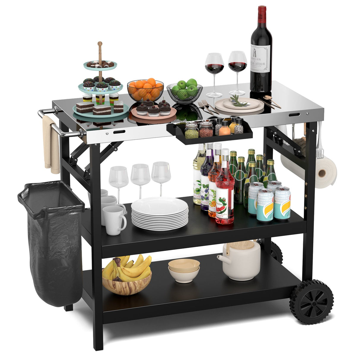 3 Tiers Foldable Outdoor Cart on 2 Wheels with Phone Holder-Black view 4