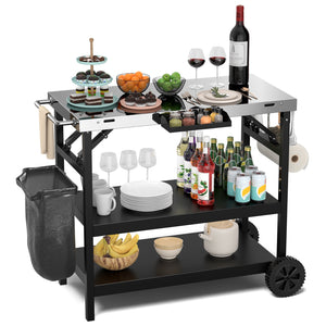 3 Tiers Foldable Outdoor Cart on 2 Wheels with Phone Holder-Black view 4