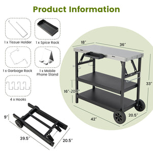 3 Tiers Foldable Outdoor Cart on 2 Wheels with Phone Holder-Black view 5