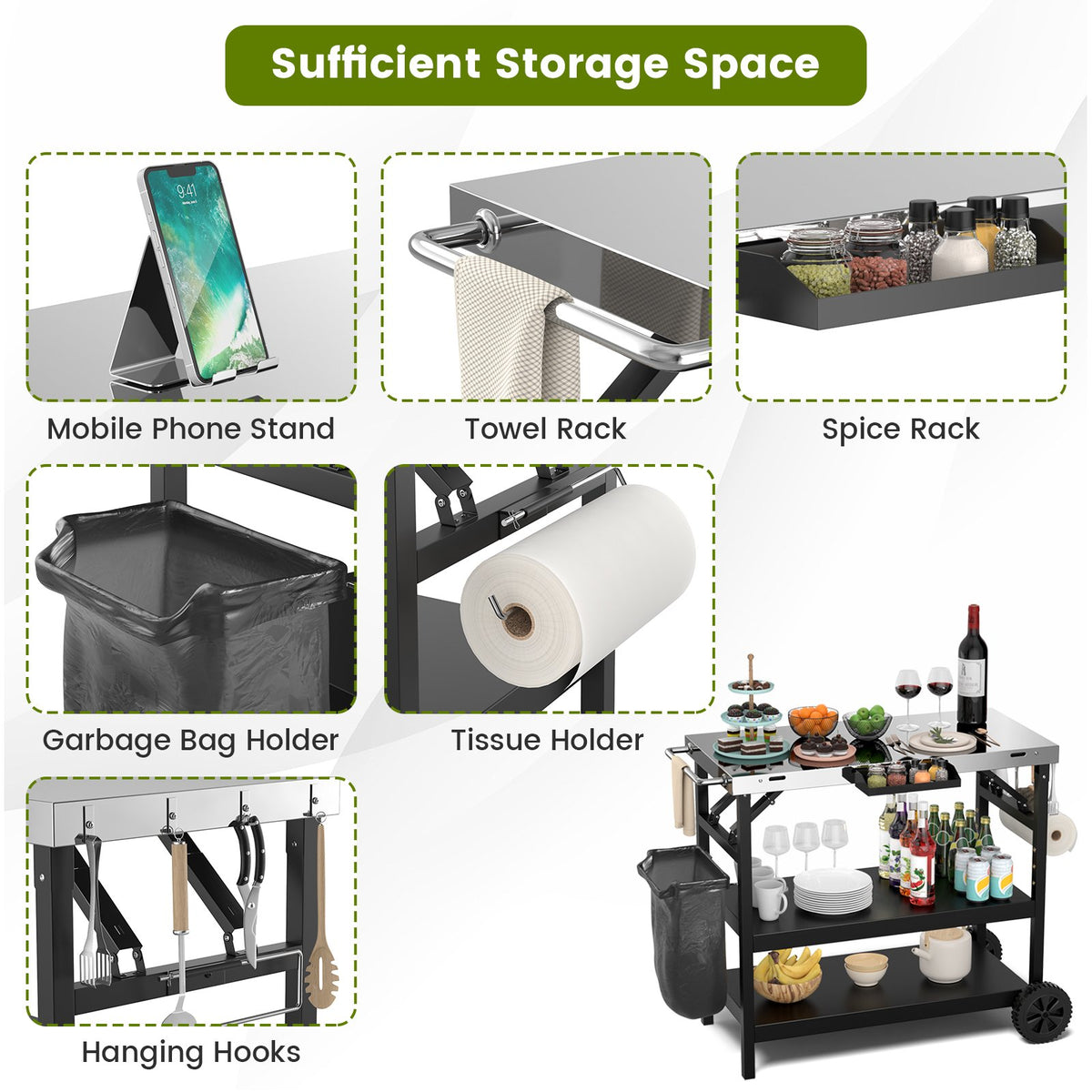 3 Tiers Foldable Outdoor Cart on 2 Wheels with Phone Holder-Black view 6