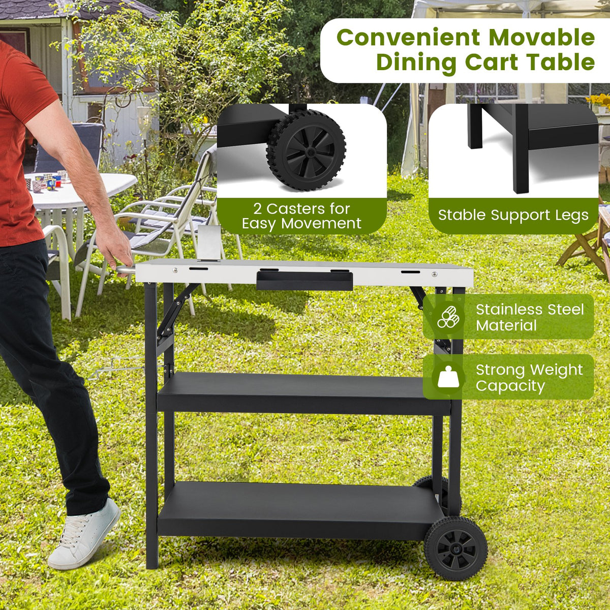3 Tiers Foldable Outdoor Cart on 2 Wheels with Phone Holder-Black view 7