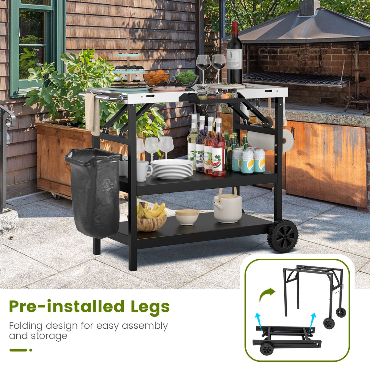 3 Tiers Foldable Outdoor Cart on 2 Wheels with Phone Holder-Black view 8