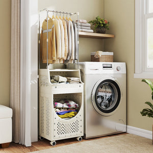 3-Tiers Laundry Cart Folding Hamper with Hanging Bar and 8 Hanging Hooks view 2