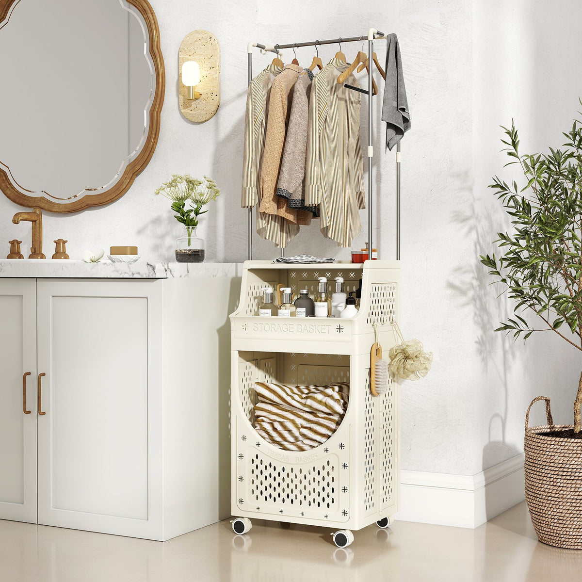 3-Tiers Laundry Cart Folding Hamper with Hanging Bar and 8 Hanging Hooks view 3