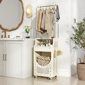 3-Tiers Laundry Cart Folding Hamper with Hanging Bar and 8 Hanging Hooks view 3