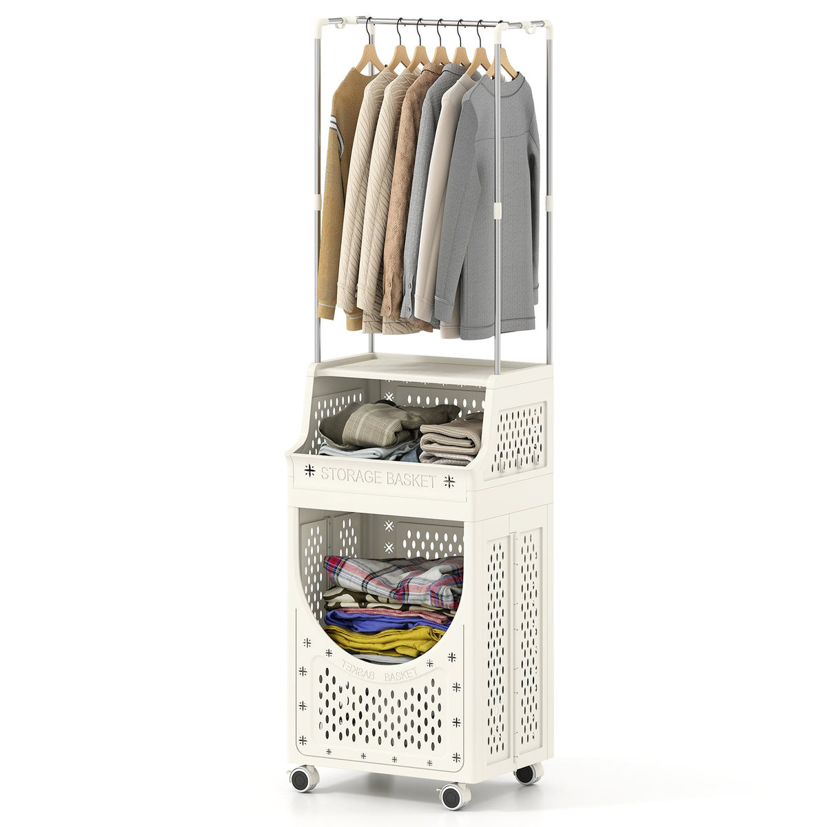 3-Tiers Laundry Cart Folding Hamper with Hanging Bar and 8 Hanging Hooks view 4