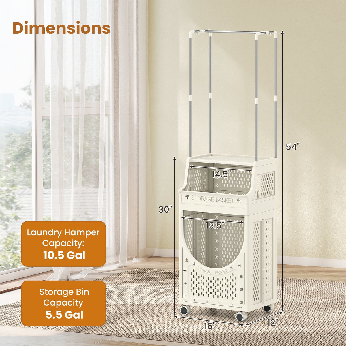 3-Tiers Laundry Cart Folding Hamper with Hanging Bar and 8 Hanging Hooks view 5