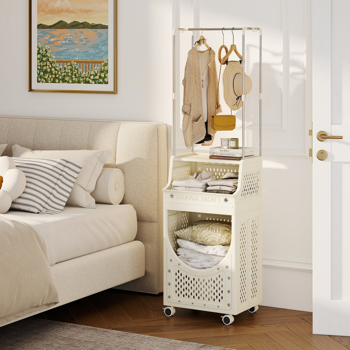 3-Tiers Laundry Cart Folding Hamper with Hanging Bar and 8 Hanging Hooks view 6