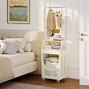 3-Tiers Laundry Cart Folding Hamper with Hanging Bar and 8 Hanging Hooks view 6