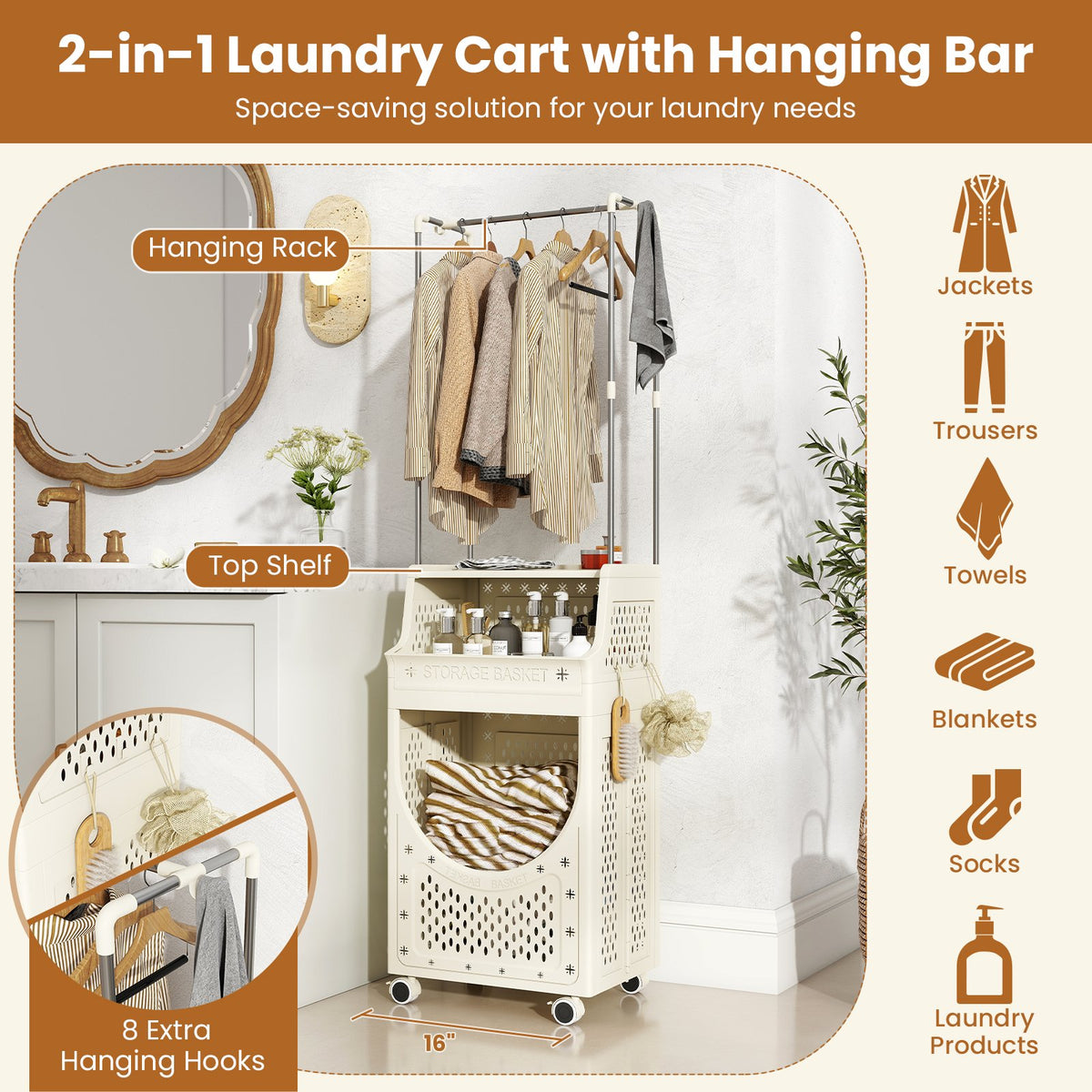3-Tiers Laundry Cart Folding Hamper with Hanging Bar and 8 Hanging Hooks view 8