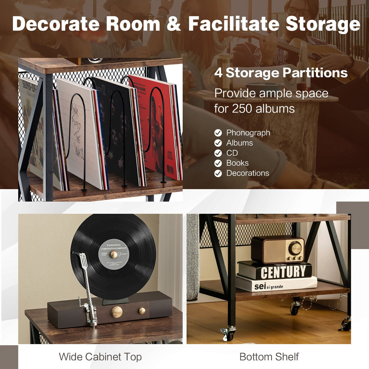 3 Tiers Vintage Style Rolling End Table with 3 Dividers for Albums-Brown view 8