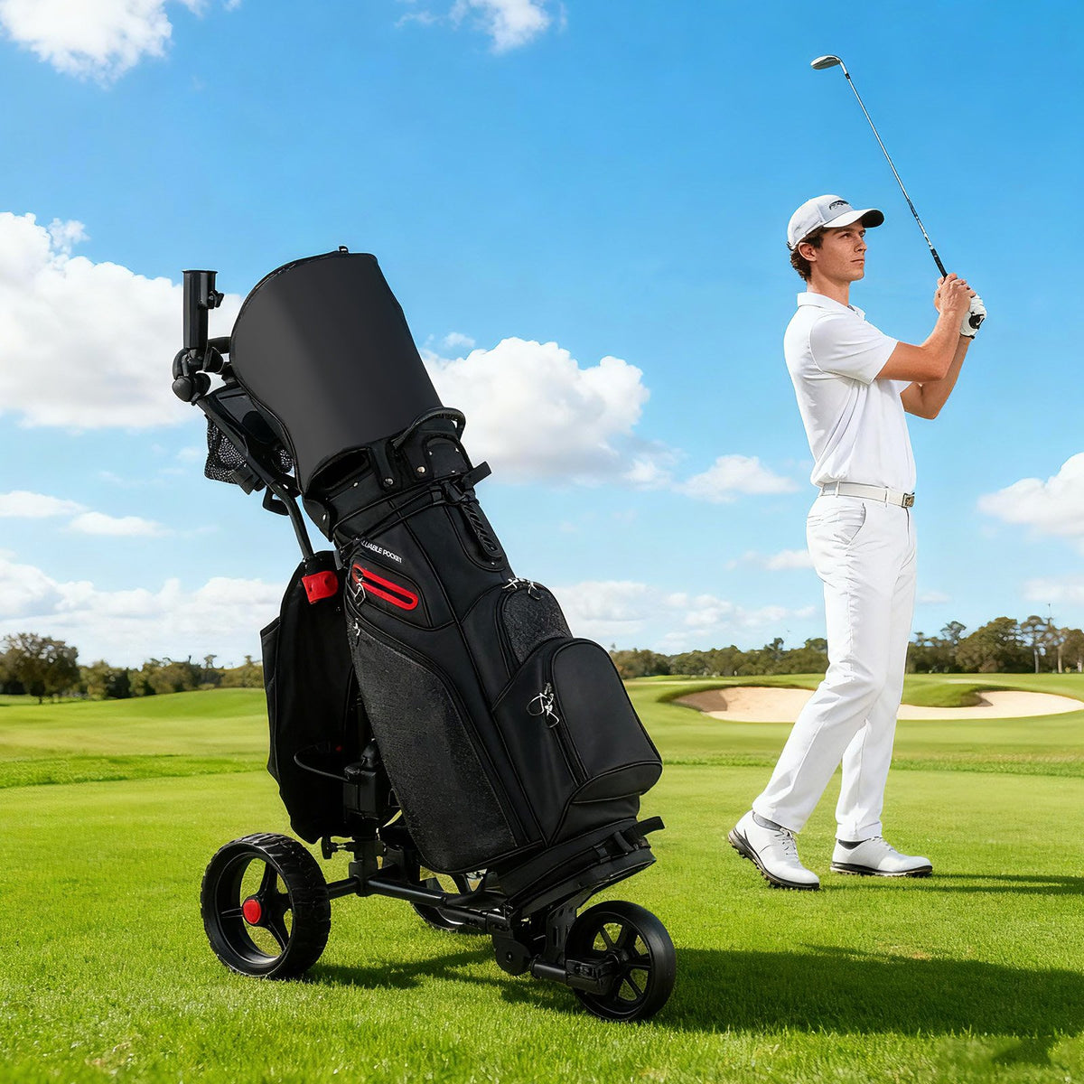 3 Wheel Golf Bag Cart with Adjustable Handle and 9 Speed Settings view 2