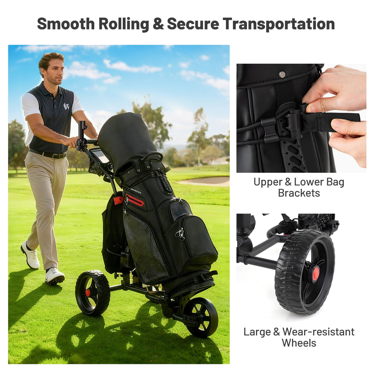 3 Wheel Golf Bag Cart with Adjustable Handle and 9 Speed Settings view 4