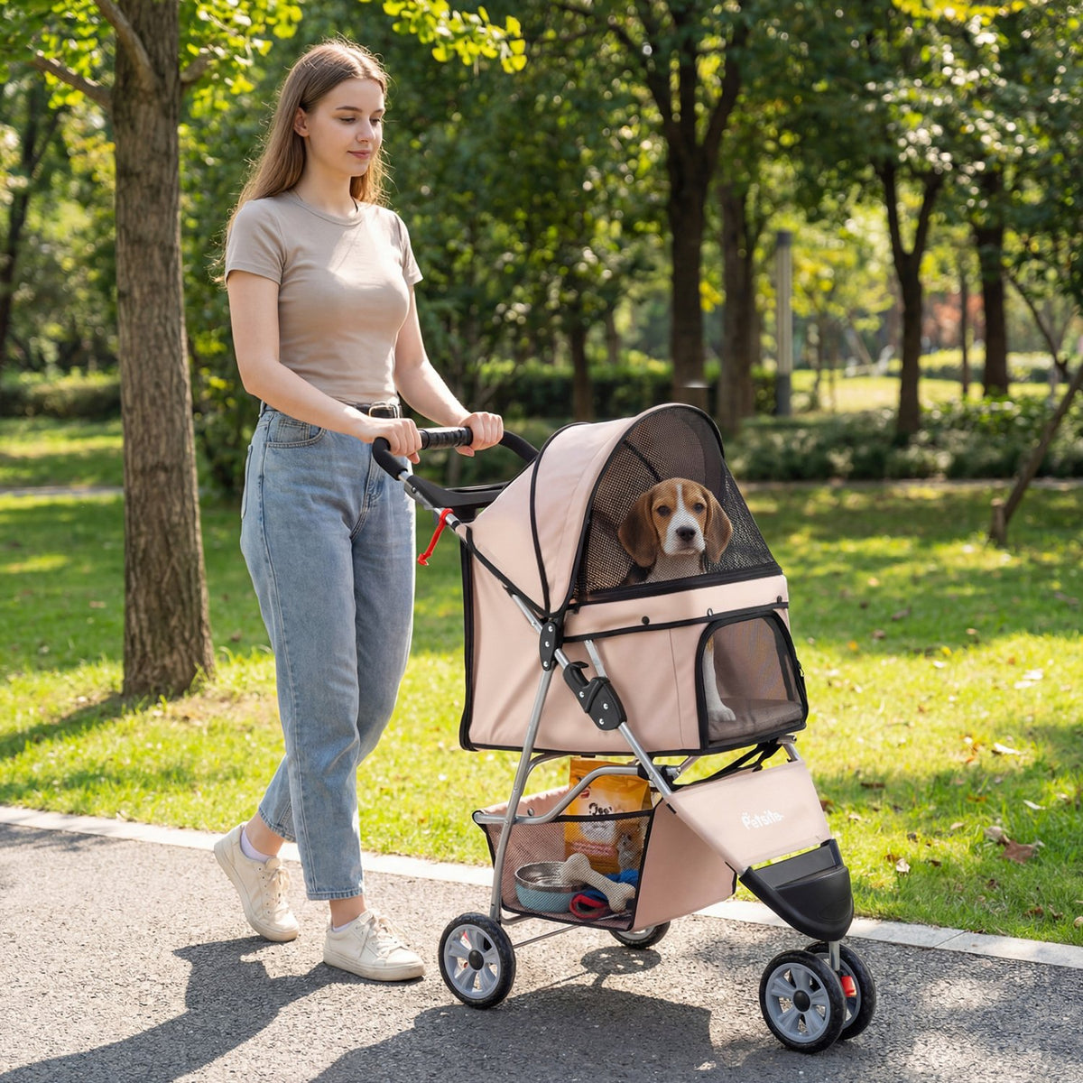 3 Wheel Pet Stroller for Small Dogs Cats up to 33 LBS-Beige view 2