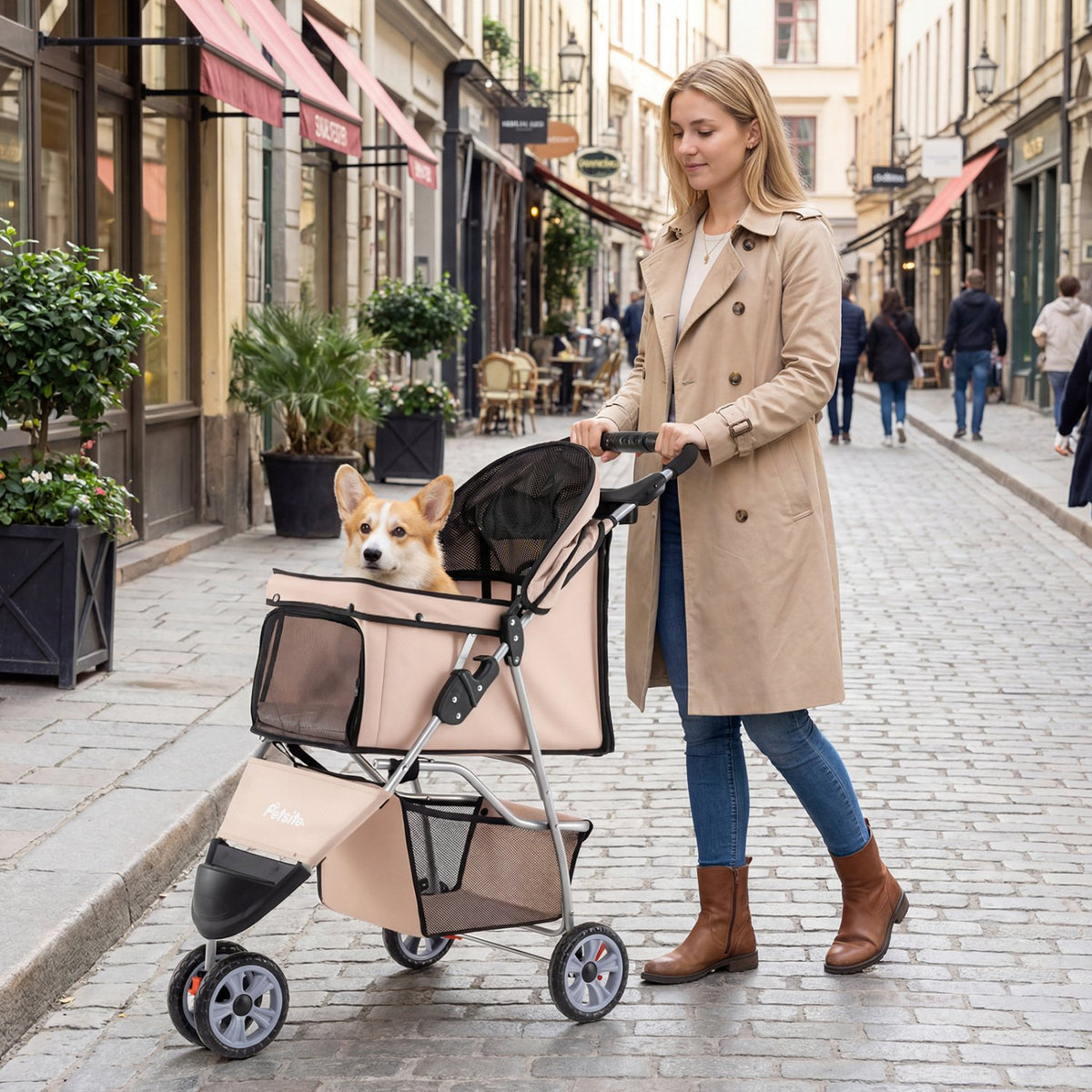 3 Wheel Pet Stroller for Small Dogs Cats up to 33 LBS-Beige view 3