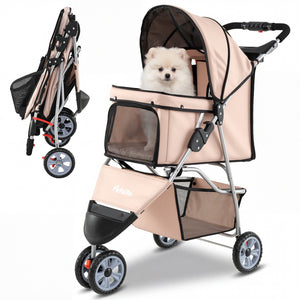 3 Wheel Pet Stroller for Small Dogs Cats up to 33 LBS-Beige view 4